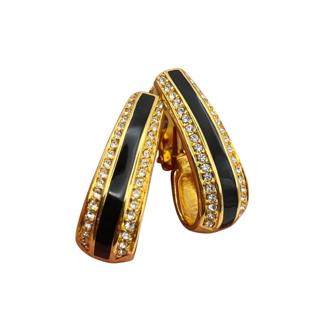 Radiance Gold-Tone Black Enamel Crystal Clip Earrings Bold Designer Style Runway